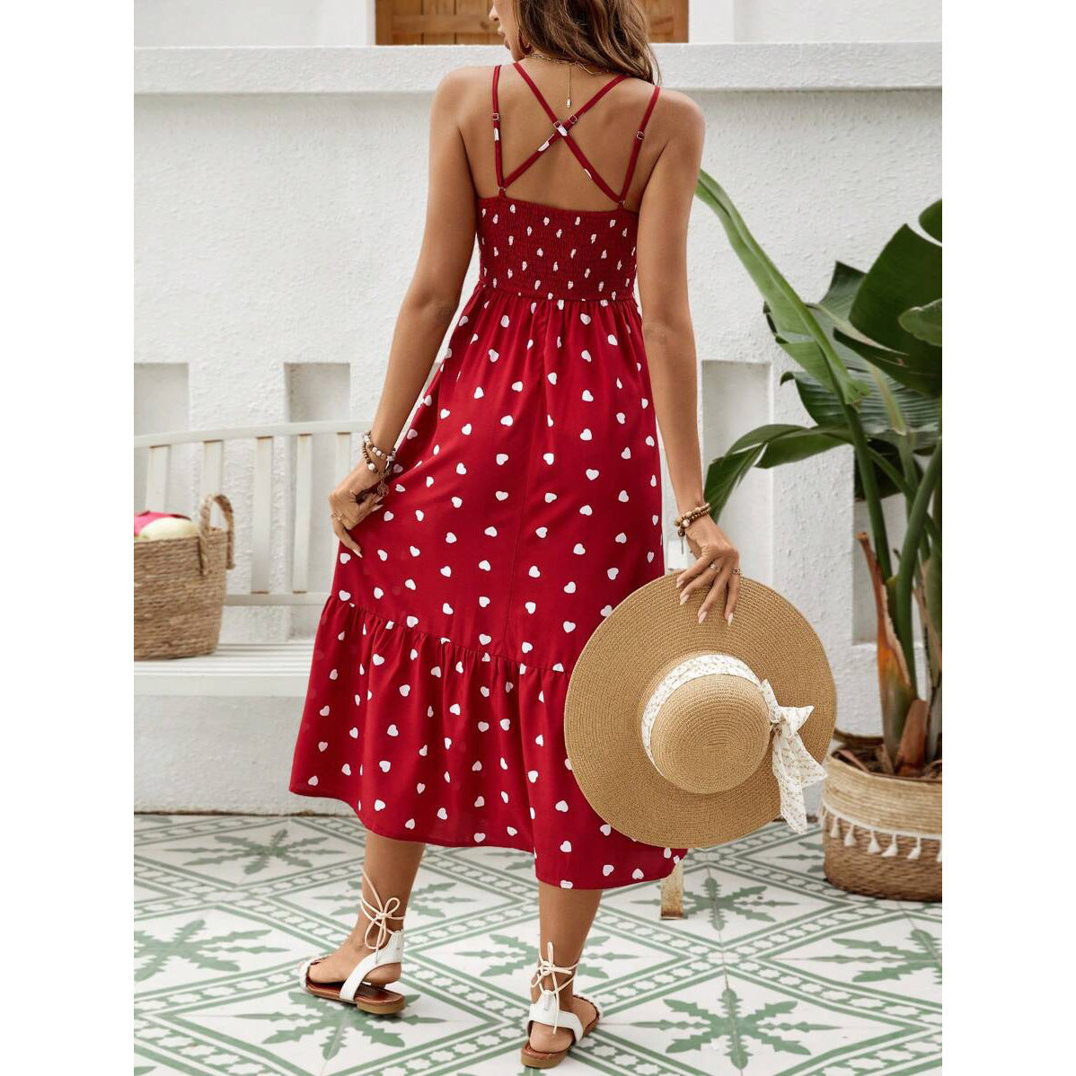 Polka Dot Sling Fashion One-Line Neck Dress