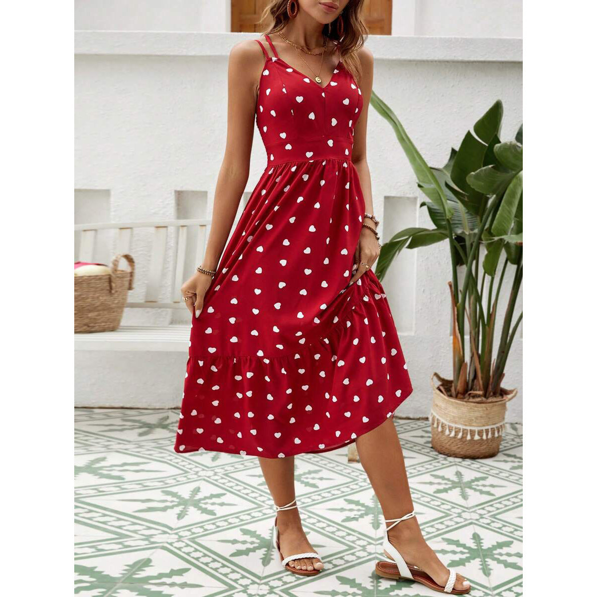 Polka Dot Sling Fashion One-Line Neck Dress