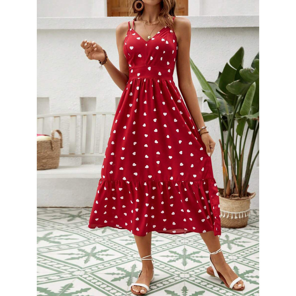 Polka Dot Sling Fashion One-Line Neck Dress