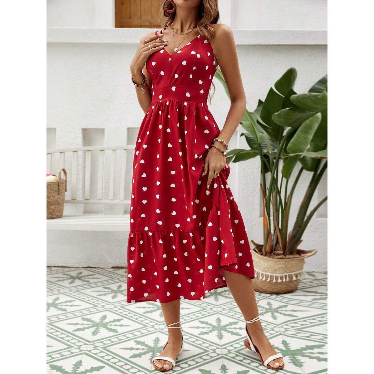 Polka Dot Sling Fashion One-Line Neck Dress