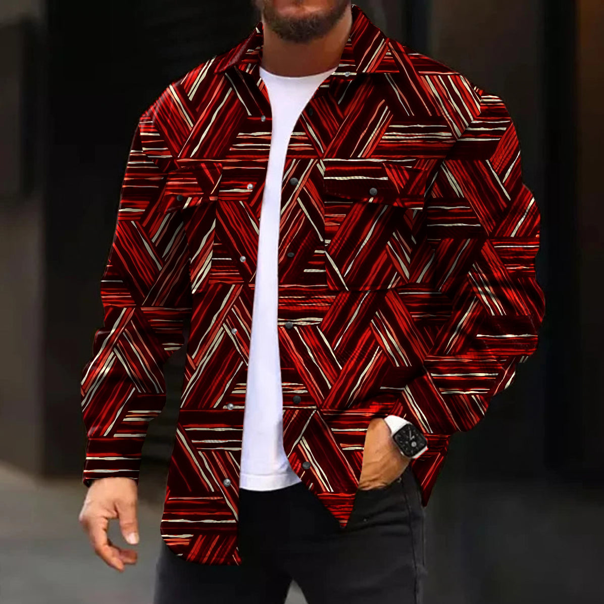 Men's Casual Jacket Fashion Abstract Pattern Printed Long Sleeve Pocket Jacket