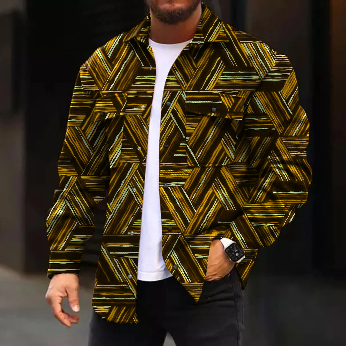 Men's Casual Jacket Fashion Abstract Pattern Printed Long Sleeve Pocket Jacket