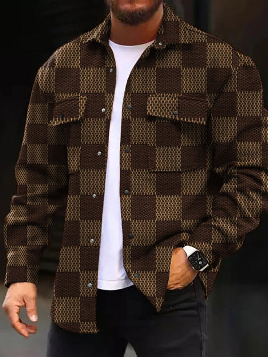 Men's Casual Jacket Fashion Brown Plaid Printed Long Sleeve Pocket Jacket