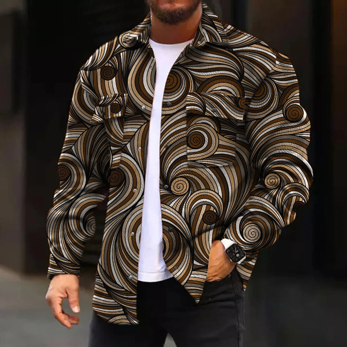 Men's Casual Jacket Fashion Art Vintage Pattern Printed Long Sleeve Pocket Jacket