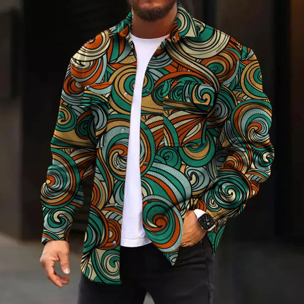 Men's Casual Jacket Fashion Art Vintage Pattern Printed Long Sleeve Pocket Jacket