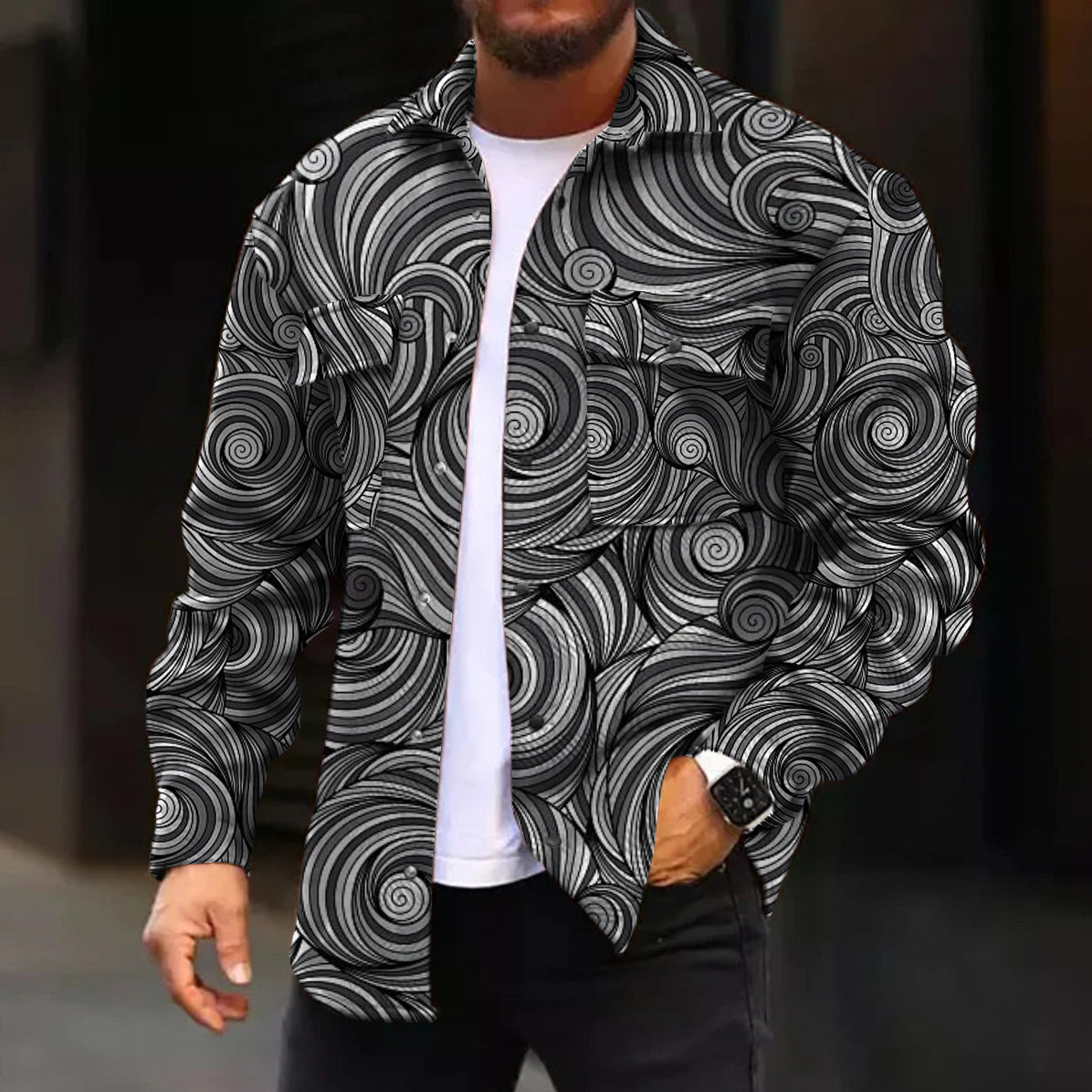 Men's Casual Jacket Fashion Art Vintage Pattern Printed Long Sleeve Pocket Jacket