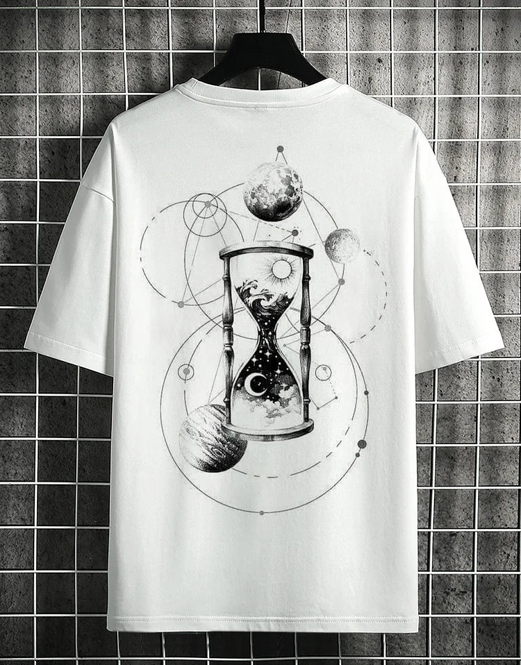 Art Element Illustration Stars Hourglass Moon Print T-Shirt