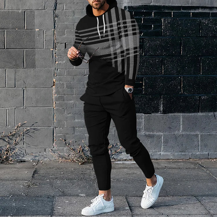 Partial Plaid Print Hoodie & Sweat Pants Co-Ord