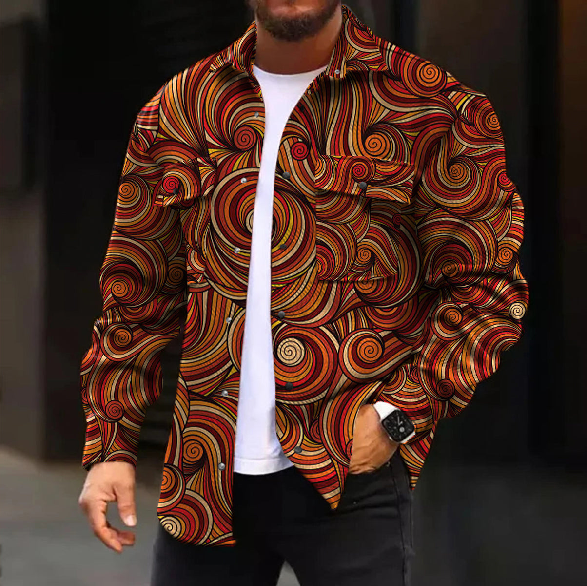 Men's Casual Jacket Fashion Art Vintage Pattern Printed Long Sleeve Pocket Jacket