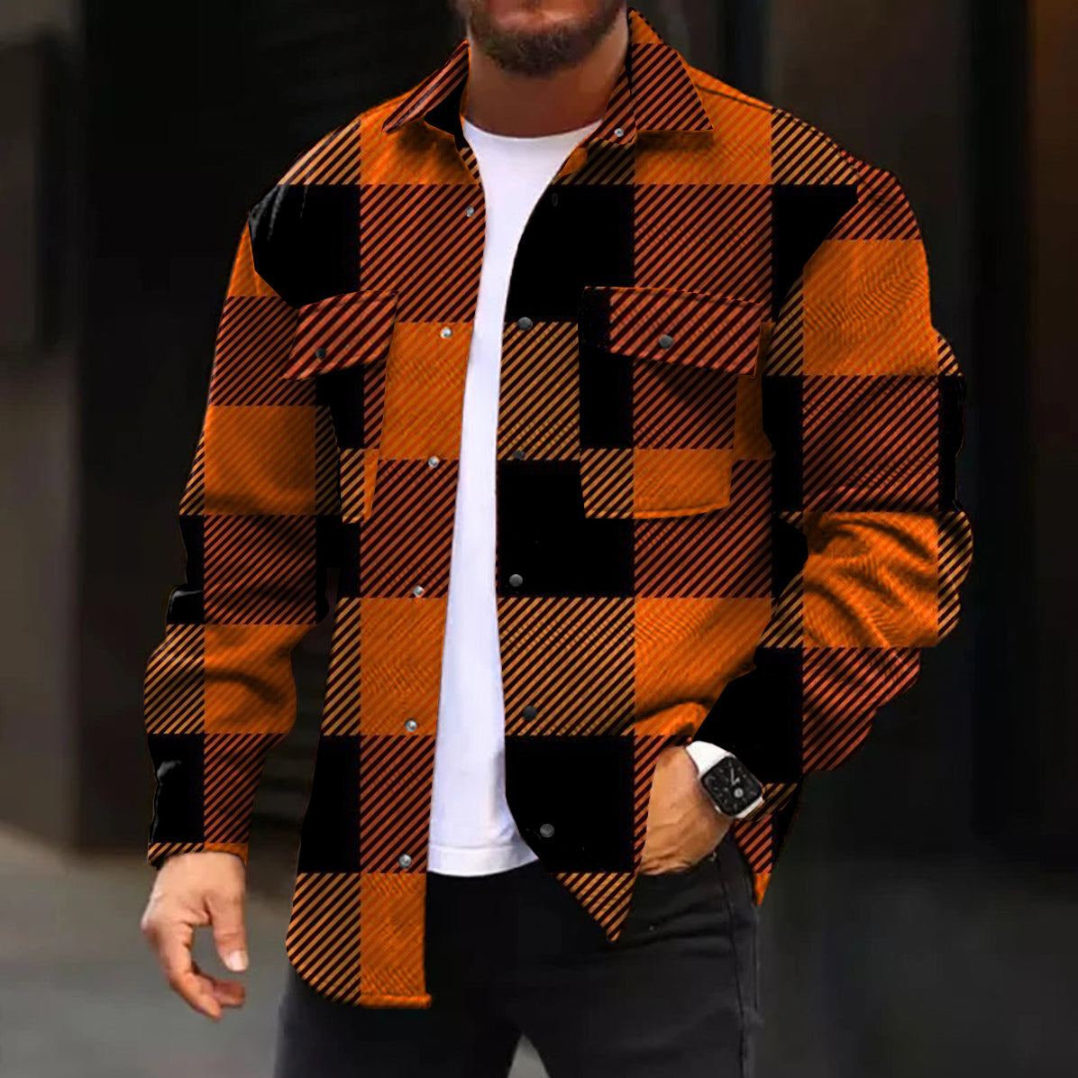 Men's Casual Jacket Fashion Art Plaid Printed Long Sleeve Pocket Jacket