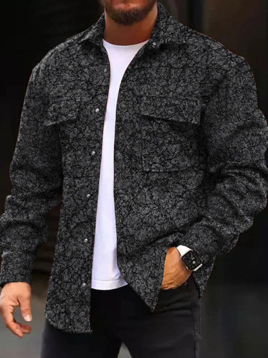 Men's Casual Jacket Cracked Asphalt Pattern Long Sleeve Pockets Corduroy Jacket