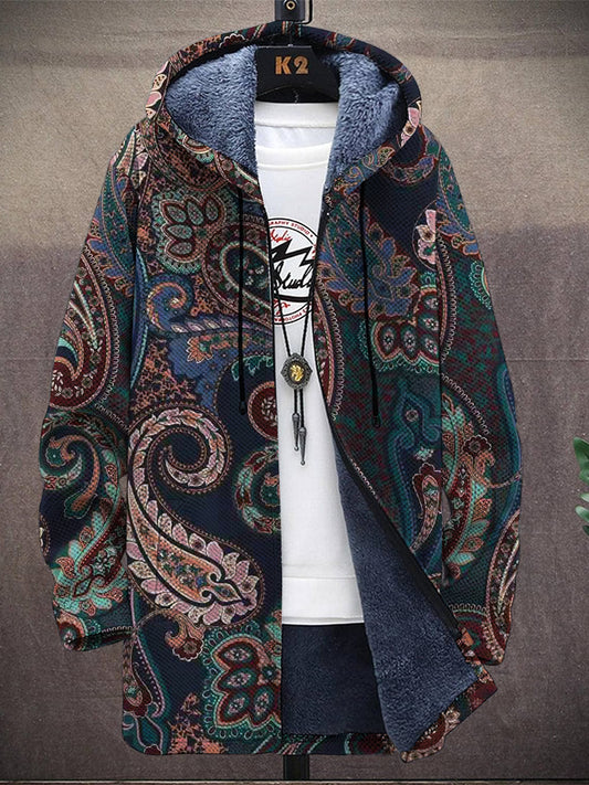 Men's Vintage Paisley Print Hooded Two-Pocket Fleece Jacket