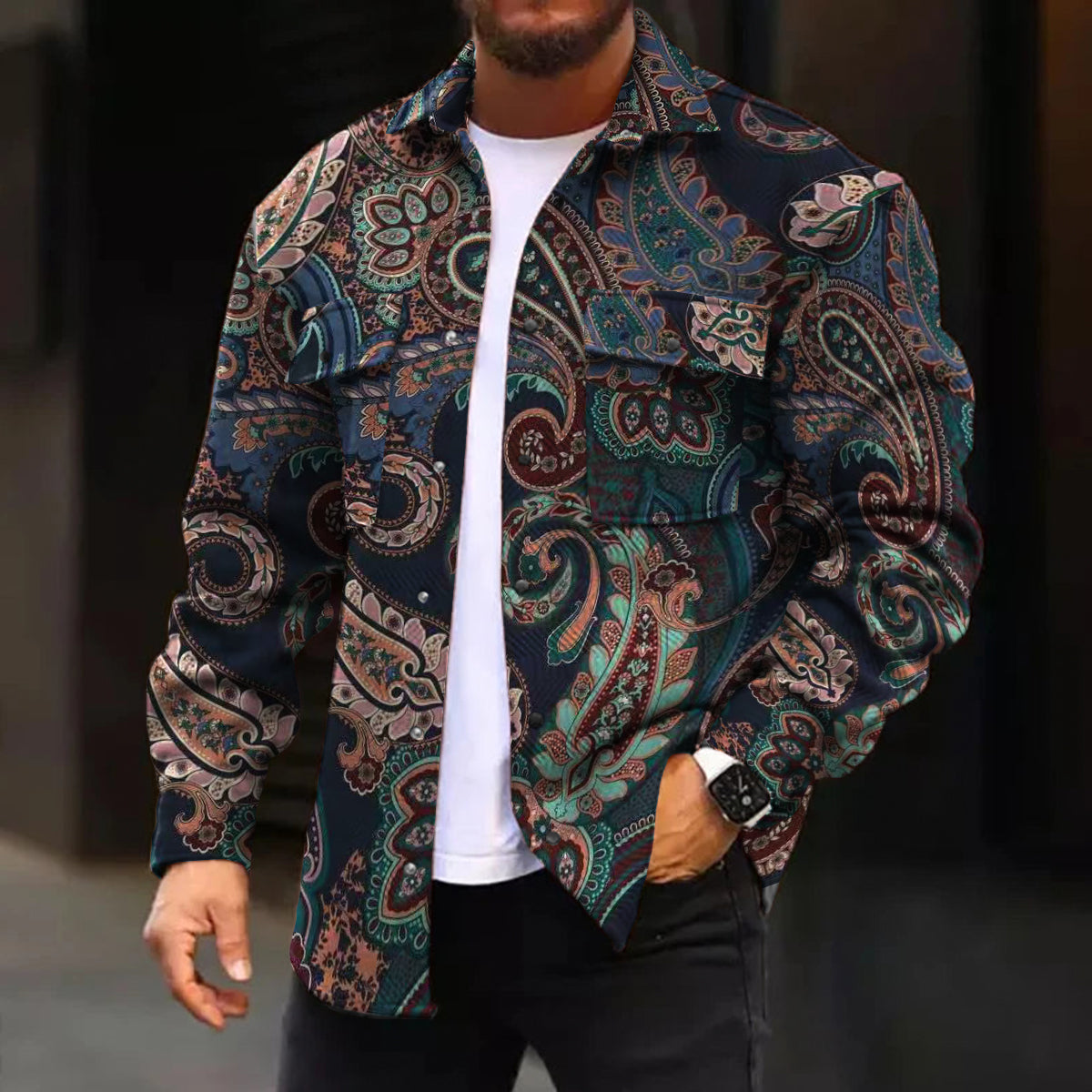 Men's Casual Jacket Vintage Paisley Pattern Long Sleeve Pockets Shirt Jacket