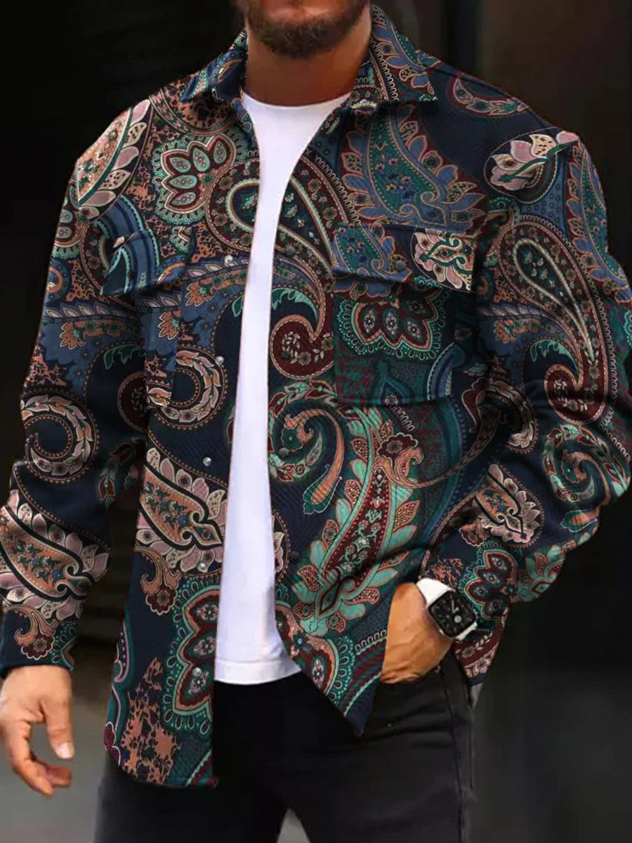 Men's Casual Jacket Vintage Paisley Pattern Long Sleeve Pockets Shirt Jacket