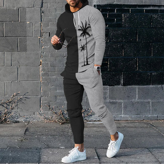 Men's Coconut Tree Color Contrast Stripes Print Hoodie & Sweat Pants Co-Ord