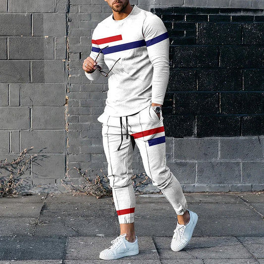 Red And Blue Contrast Casual White T-Shirt And Pants Co-Ord