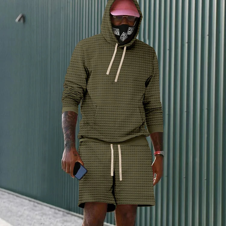 Solid Color Casual Checkered Long Sleeve Hoodie And Shorts Co-Ord