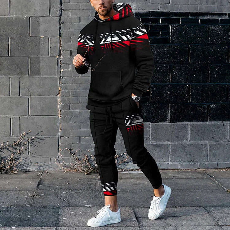 Color Block Geometric Stripe Print Hoodie And Sweatpants Co-Ord