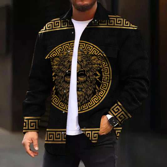 Men's Casual Jacket Stylish Mythological Zeus Pattern Long Sleeve Pockets Corduroy Shirt Jacket