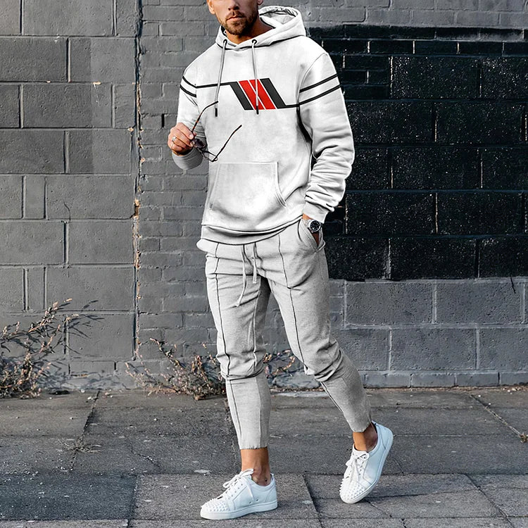 Casual White Geometry Print Hoodie And Sweatpants Co-Ord