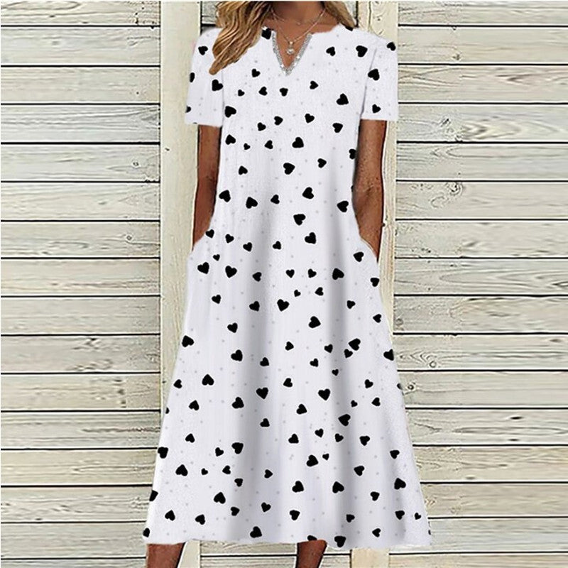 Vintage Print Short Sleeves V Neck Midi Dress