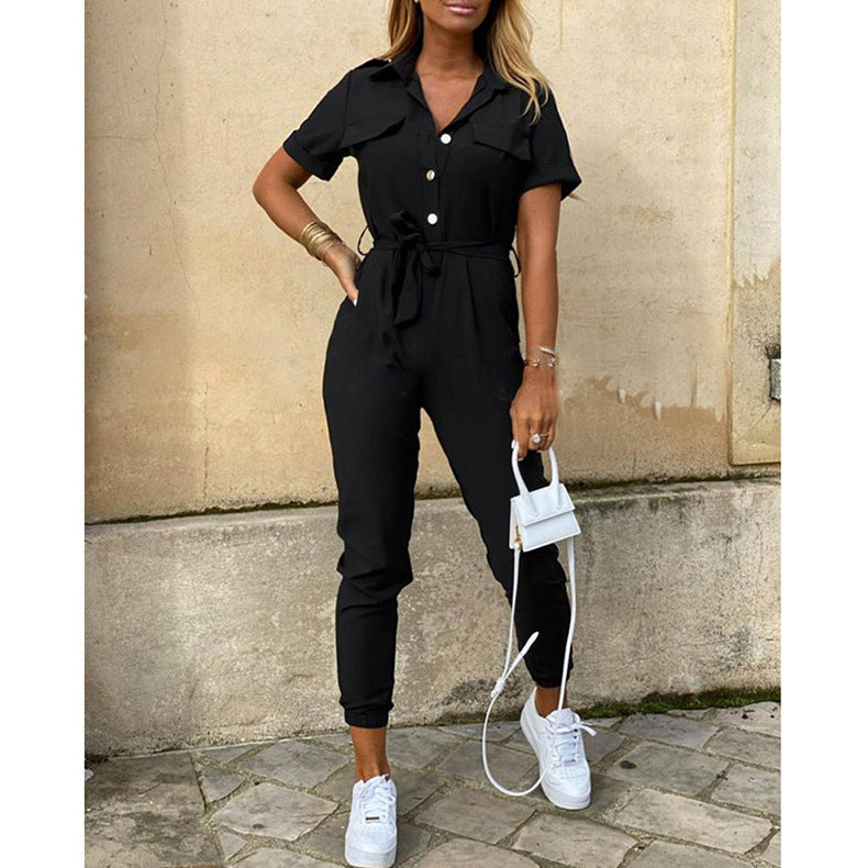 Casual Lapel Printed Belt Cargo Jumpsuit