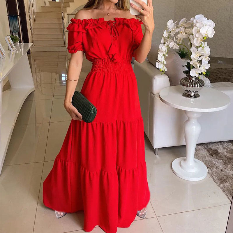 Ruffled Edge Off Shoulder Midi Dress