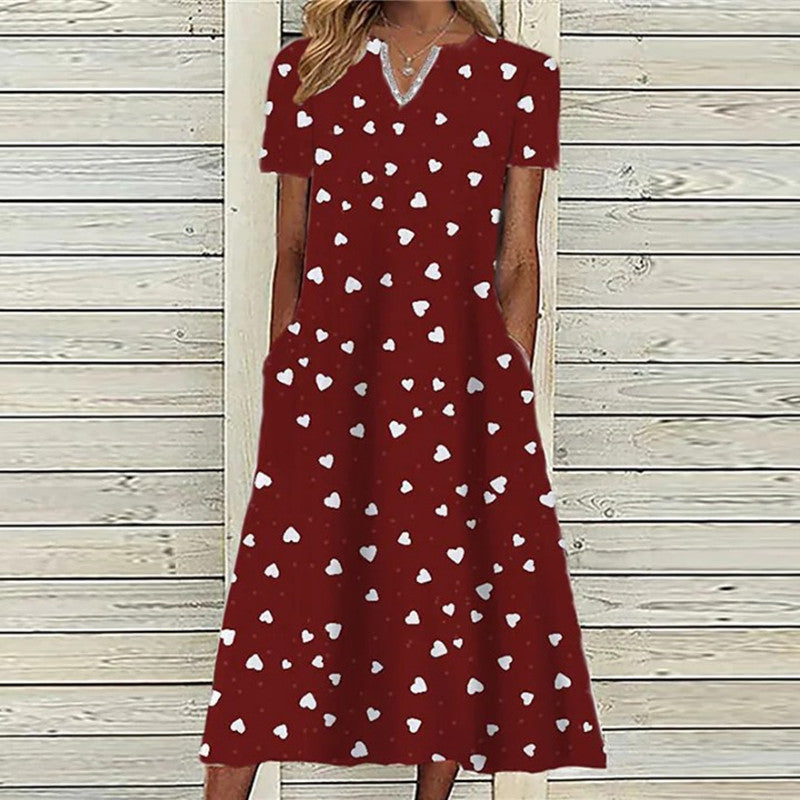 Vintage Print Short Sleeves V Neck Midi Dress