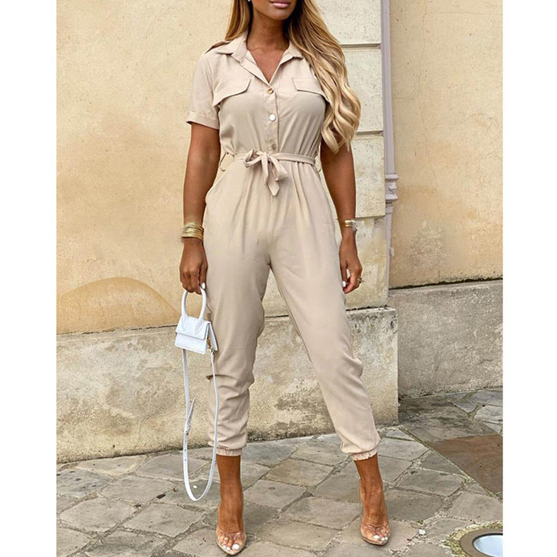 Casual Lapel Printed Belt Cargo Jumpsuit