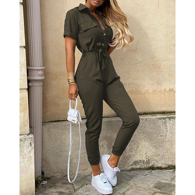 Casual Lapel Printed Belt Cargo Jumpsuit