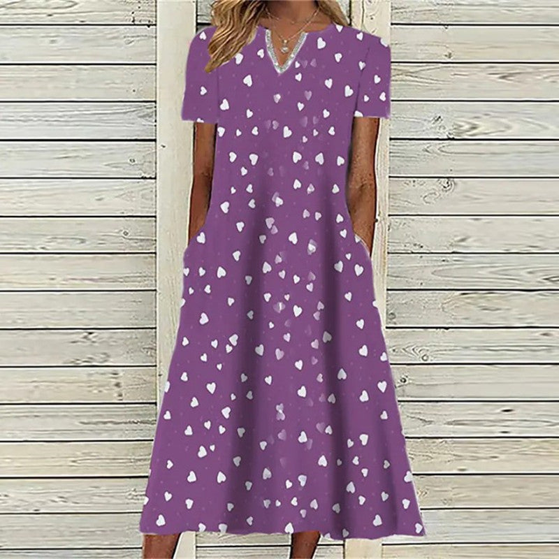 Vintage Print Short Sleeves V Neck Midi Dress