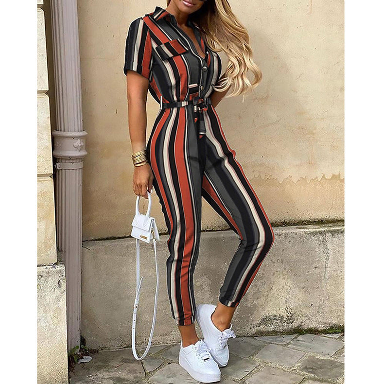 Casual Lapel Printed Belt Cargo Jumpsuit