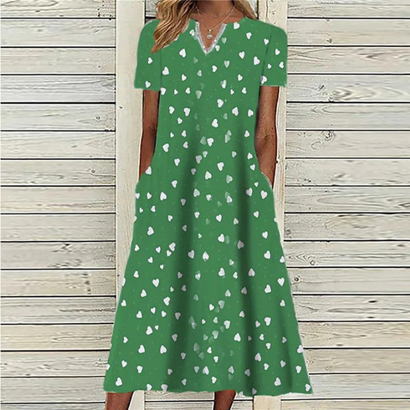 Vintage Print Short Sleeves V Neck Midi Dress