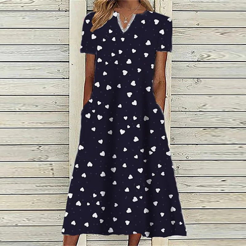 Vintage Print Short Sleeves V Neck Midi Dress