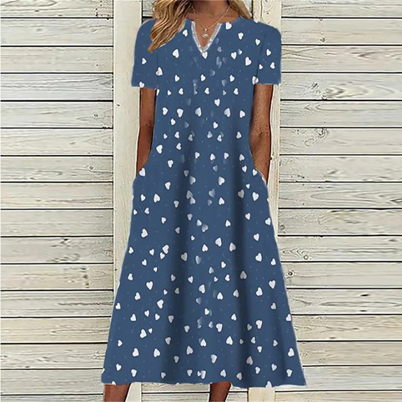 Vintage Print Short Sleeves V Neck Midi Dress