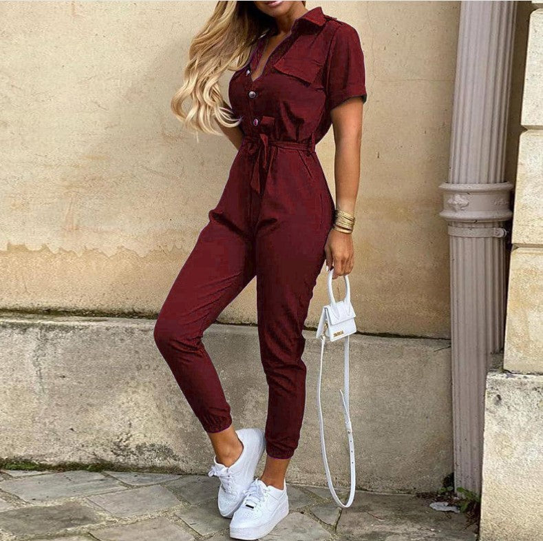 Casual Lapel Printed Belt Cargo Jumpsuit