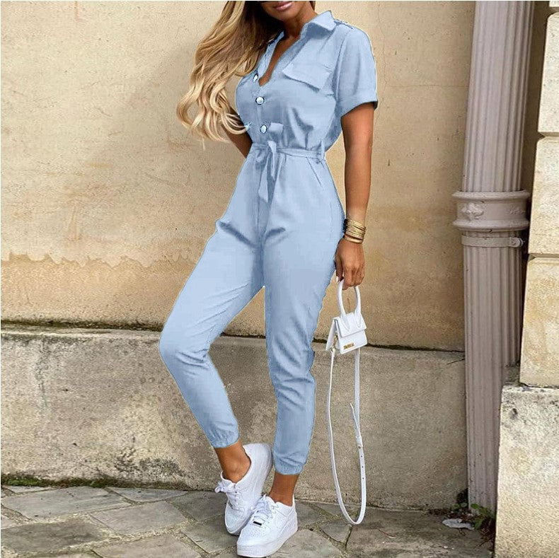 Casual Lapel Printed Belt Cargo Jumpsuit