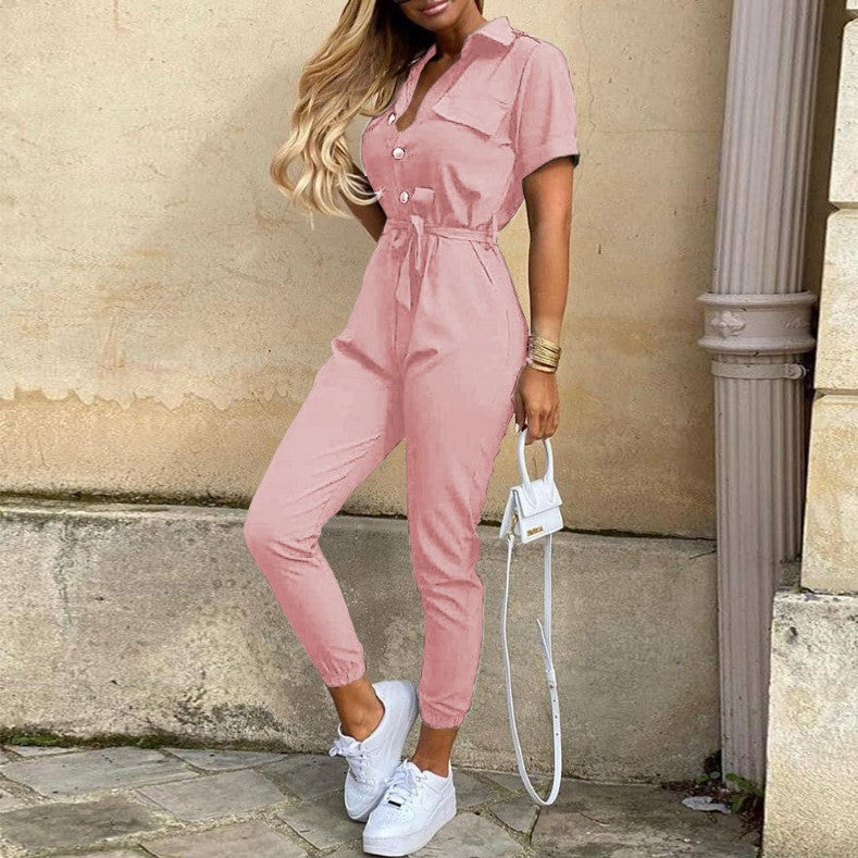 Casual Lapel Printed Belt Cargo Jumpsuit