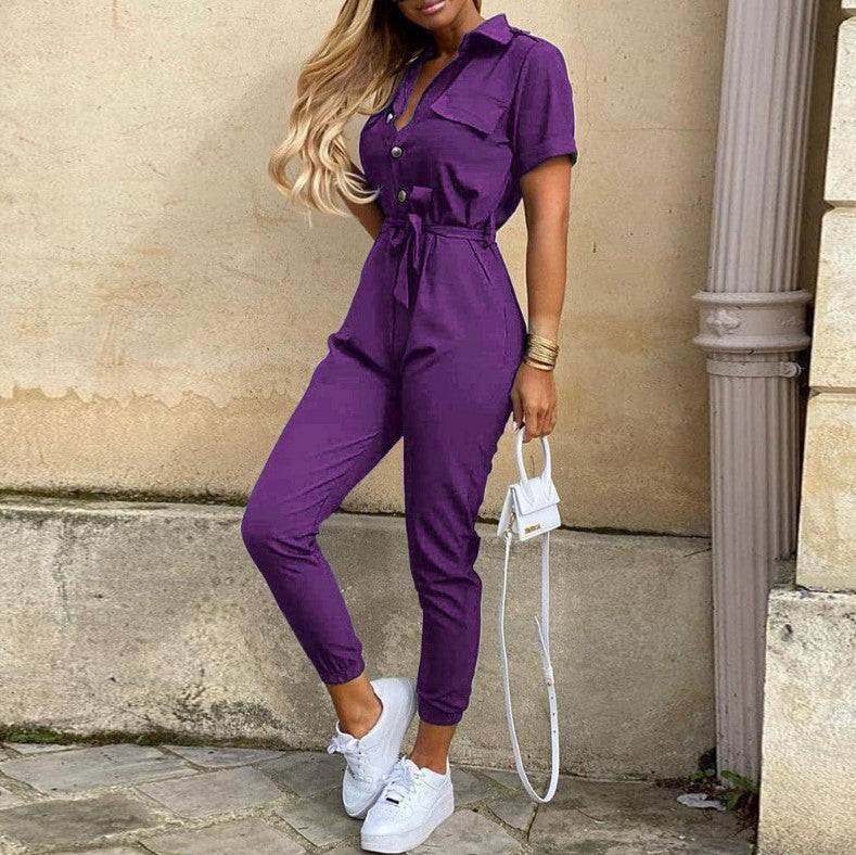 Casual Lapel Printed Belt Cargo Jumpsuit