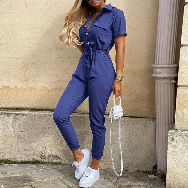 Casual Lapel Printed Belt Cargo Jumpsuit