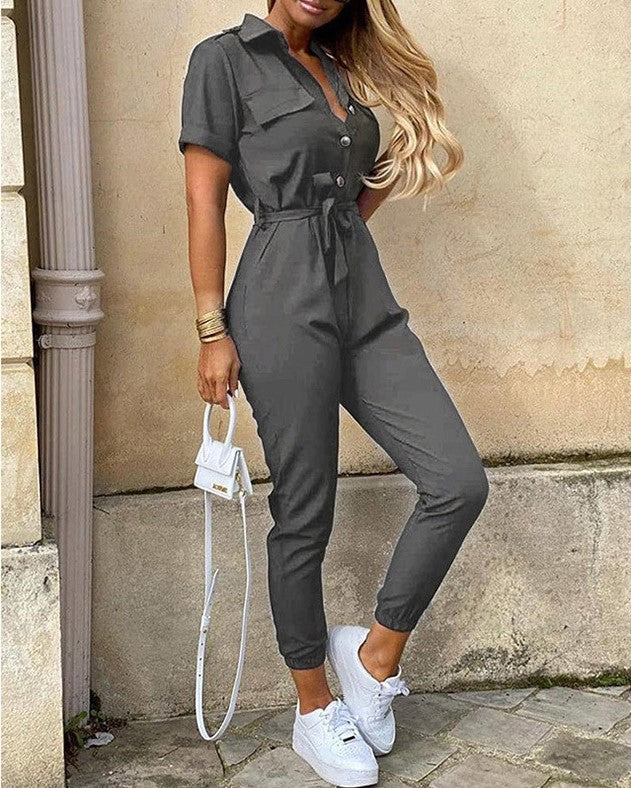 Casual Lapel Printed Belt Cargo Jumpsuit