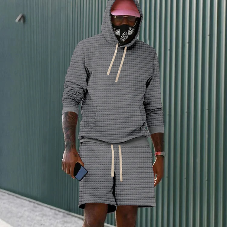 Solid Color Casual Checkered Long Sleeve Hoodie And Shorts Co-Ord