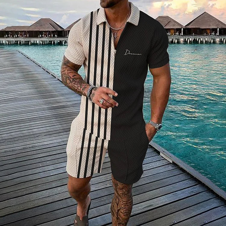 Black Stripes Duval Polo Shirt And Shorts Co-Ord