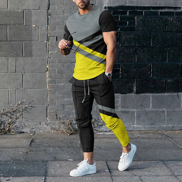 Men's Color Block Black Red T-Shirt And Pants Co-Ord