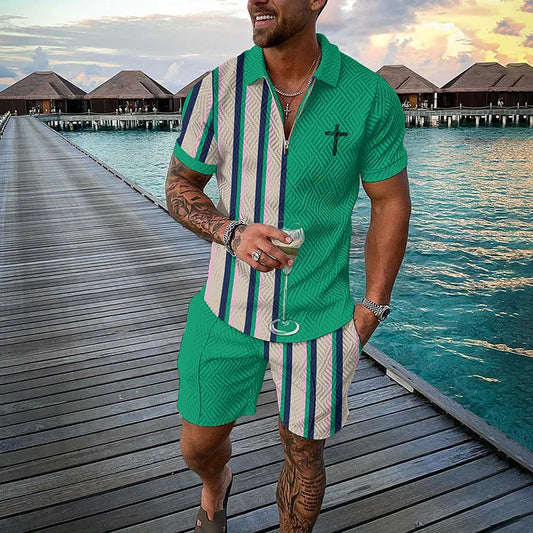 Green Striped Cross Polo Shirt And Shorts Co-Ord