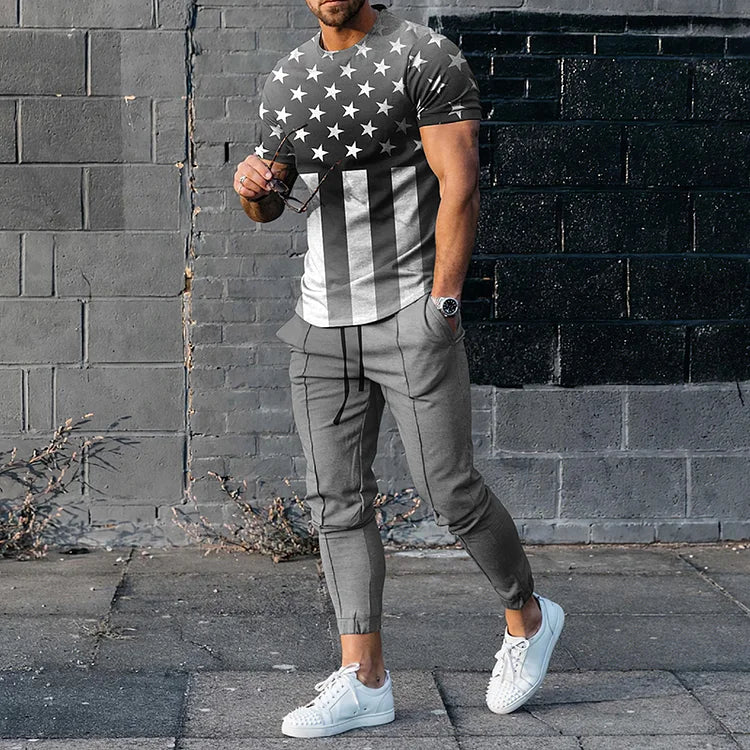 Men's Flag Design Short Sleeve T-Shirt And Pants Co-Ord