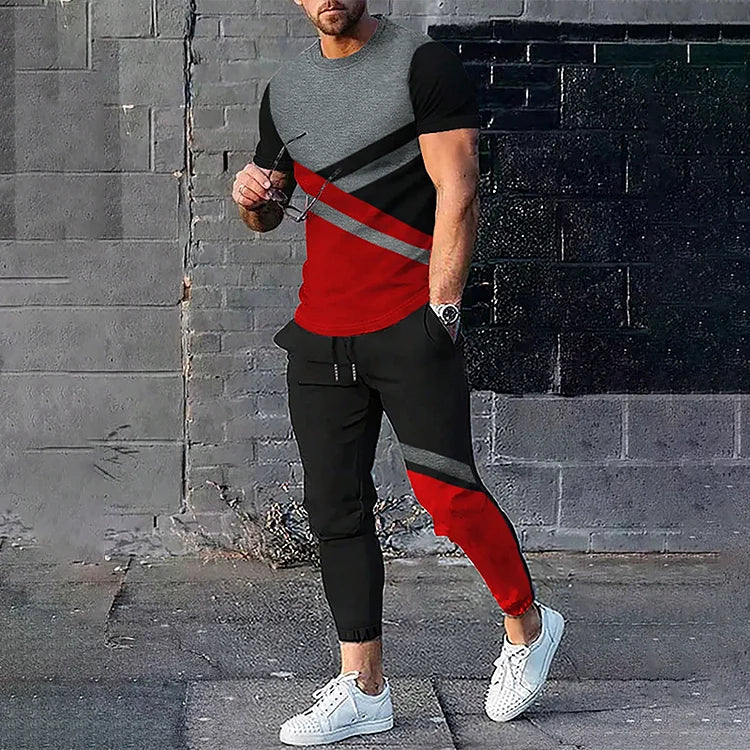 Men's Color Block Black Red T-Shirt And Pants Co-Ord