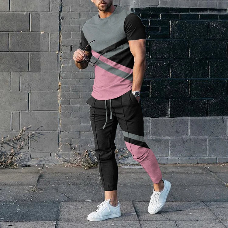 Men's Color Block Black Red T-Shirt And Pants Co-Ord