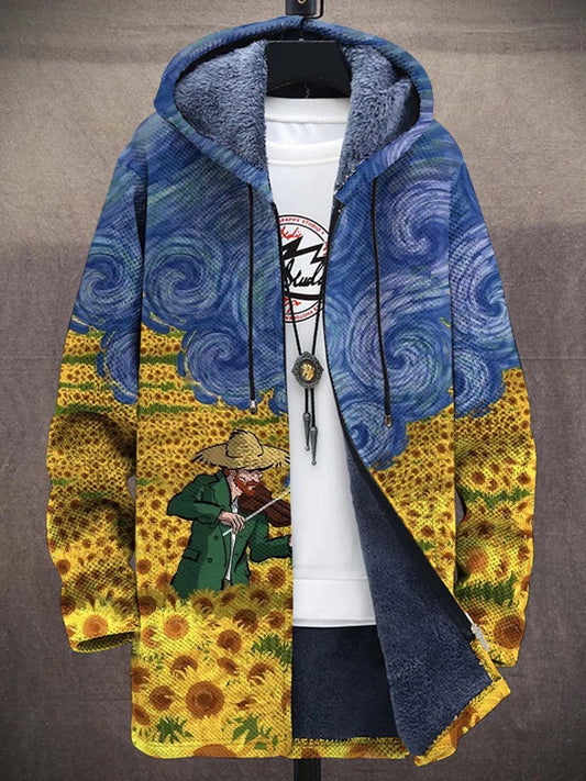 Men's Artist Van Gogh Print Hooded Two-Pocket Fleece Cardigan Jacket