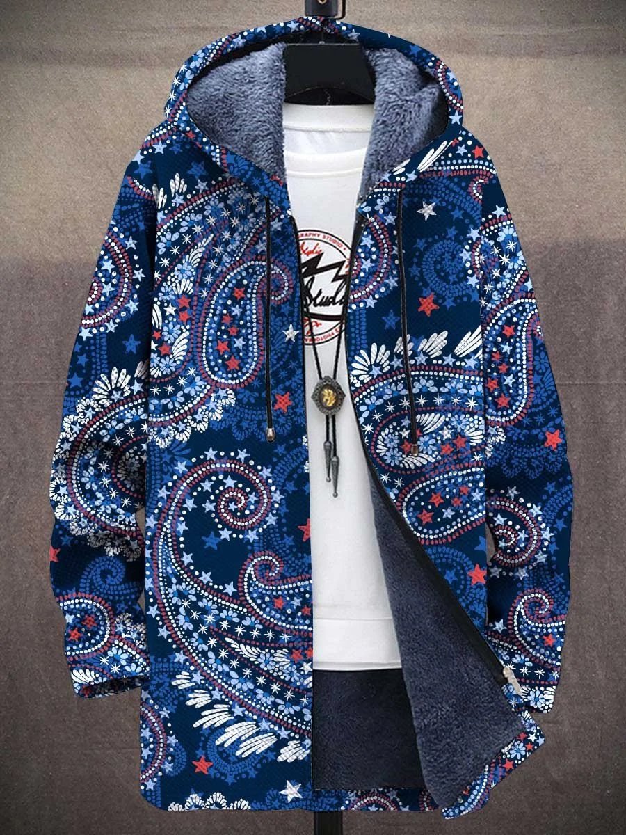 Men's Paisley Pattern Print Hooded Two-Pocket Fleece Cardigan Jacket